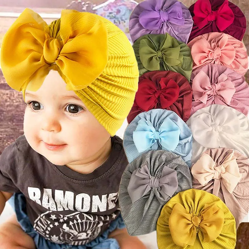 Dot Print Bowknot Knitted Turban Cap Warm Baby Kids Beanie Hat Yellow 