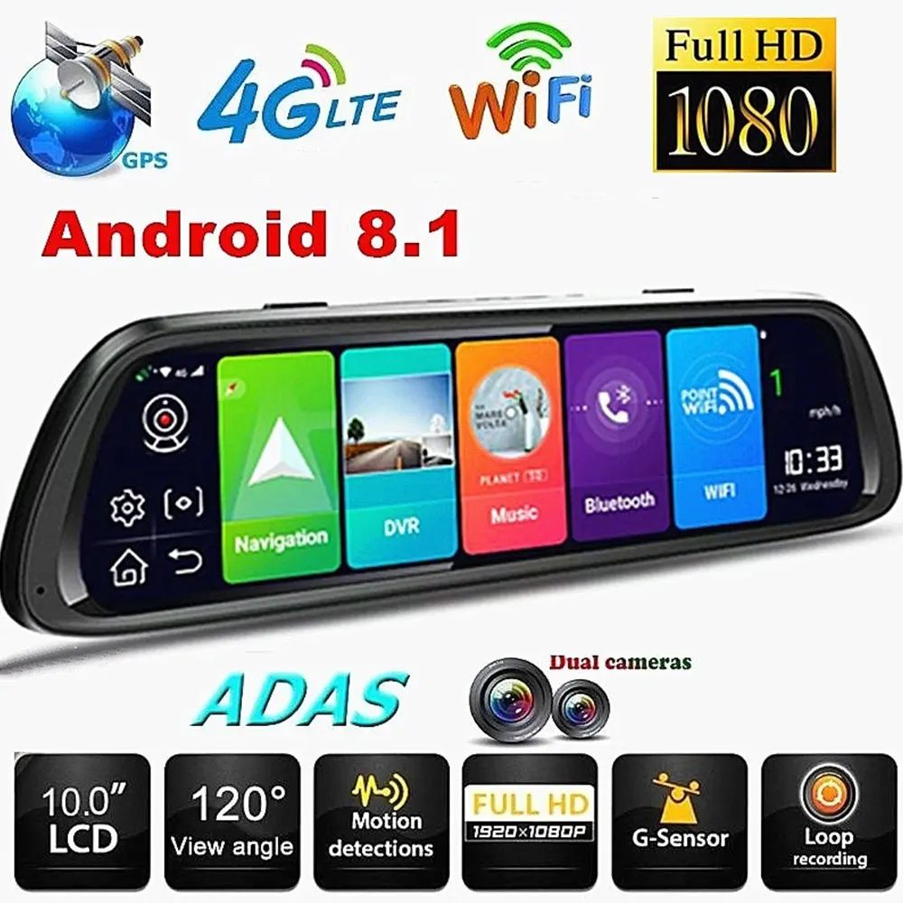 Car DVR DashCam 10\ 4G ADAS Android 8.1 WiFi Rearview Mirror GPS Navigation Camera HD 1080P Dual Lens Dash Cam Multimedia player