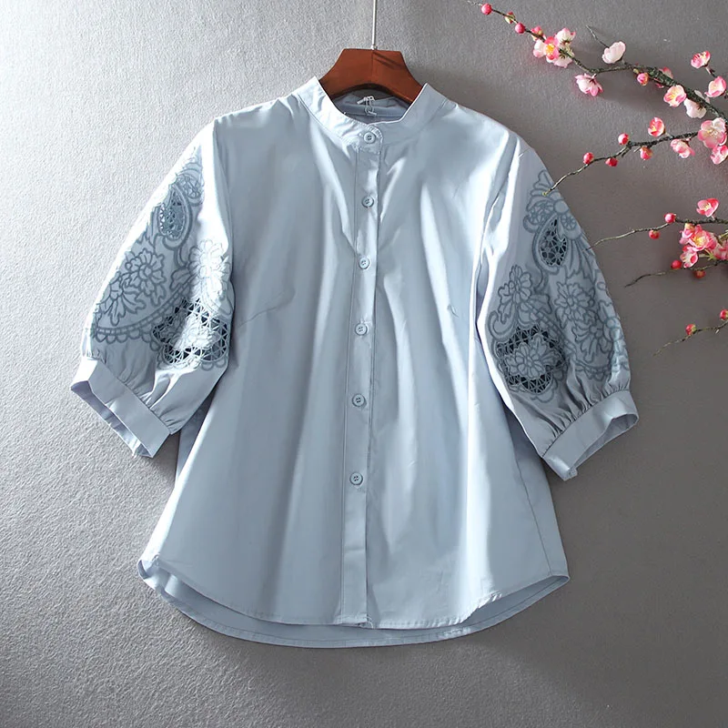 

Women's Spring Summer Designer Hollow Out Embroidery Blue Cotton Shirt Female High Waist Casual Loose T Shirt Top TB592