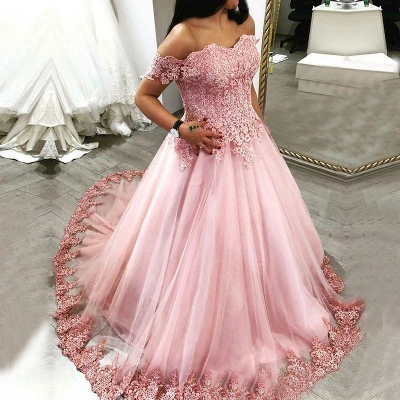 

Pink A Line Wedding Dresses Alibaba Lace Appliques off the Shoulder Sweetheart Floor Length Country Bridal Gowns Bride Dress