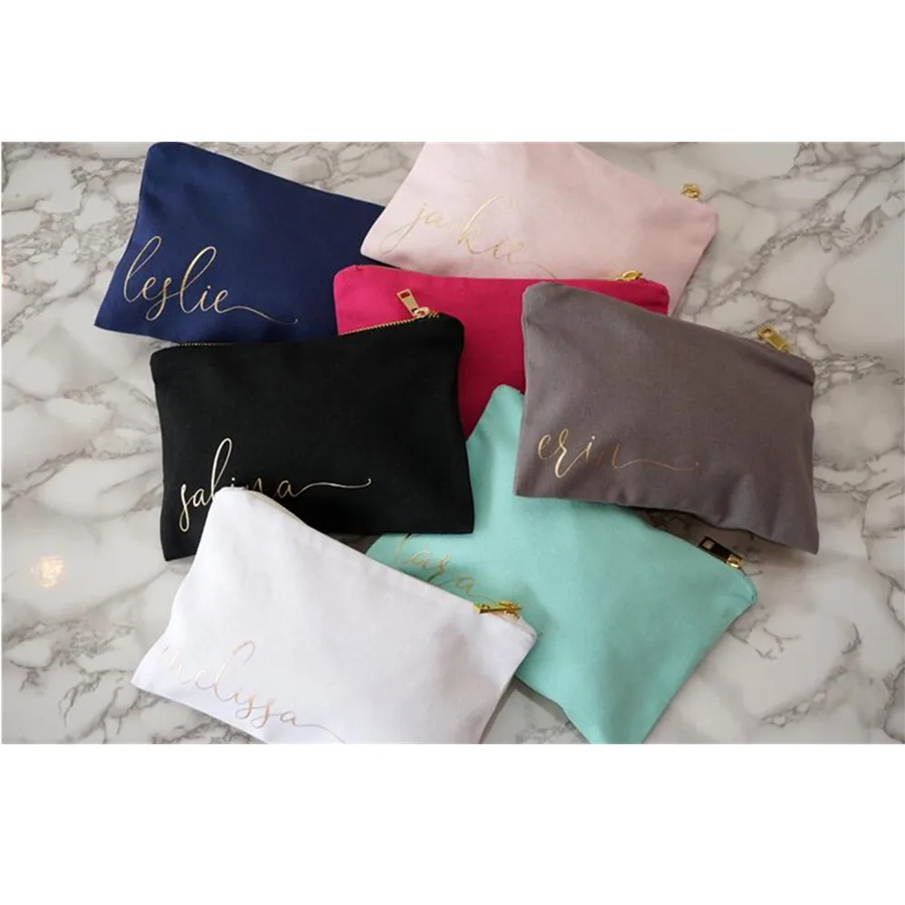 

canvas monogram zipper make up bag custom Gold name Bridesmaid Cosmetic Bag Pouch Makeup Bag bachelorette gift Toiletry wash bag