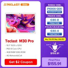 Teclast – tablette PC de 10.1 pouces M30 Pro, avec écran de 10.0 pouces, 8 cœurs, 4G, appel téléphonique, Android 1920, écran 1200x128 IPS, 4 go de RAM, go de ROM, Dual Wifi, GPS