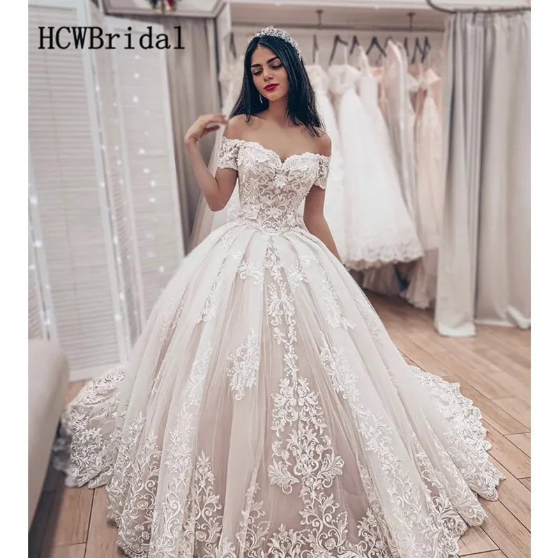 Уникальное кружевное бальное платье 2019, новые свадебные платья с открытыми плечами, с вырезом лодочкой, с коротким шлейфом, роскошное