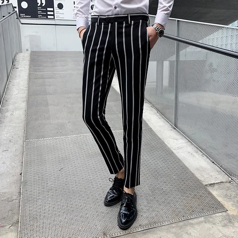 Men's Casual Suit Pants Slim Pants Men's Fashion Vertical Bar Black Dark Green Brown Business Casual Nine-Point Suit Pants Men's Casual Suit Pants Slim Pants Men's Fashion Vertical Bar Black Dark Green Brown Business Casual Nine-Point Suit Pants