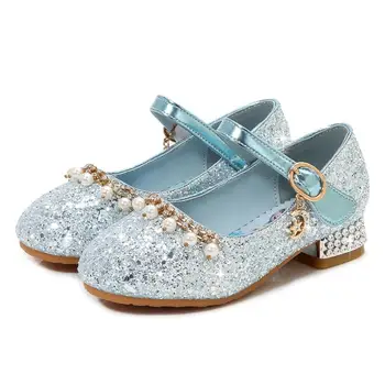 

Little Girls Rhinestone Bow High-Heeled Sandals Princess Dancing Summer Pu Leather Shoe Big Girl Elsa Shoes