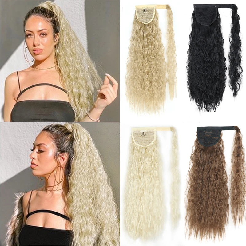 Obtenga esto Extensiones de cola de caballo larga para mujer negra, envoltura rizada de 22 pulgadas, cola de caballo negra, coleta ondulada de maíz xmQKMXeWpeL