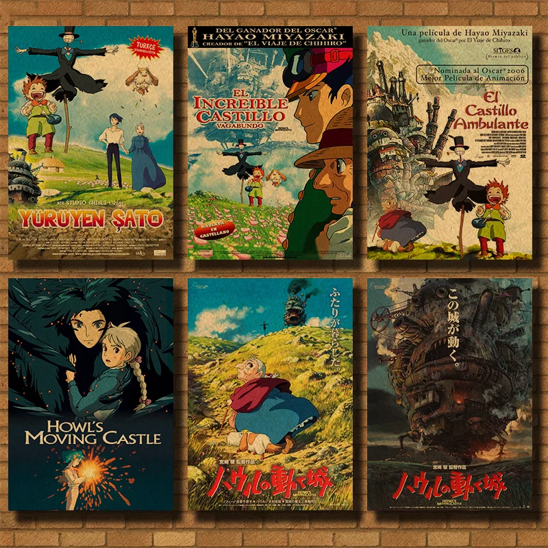 Hayao Miyazaki Comic Howl Moving Castle Moving Castle Kraft Paper Retro Cartoon Comic Poster Bars Cafe Decor Sticker