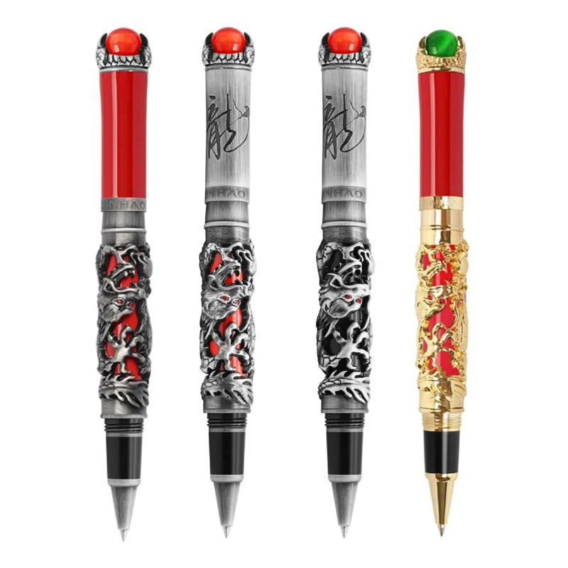 New Jinhao Dragon King Ancient Roller Ball Pen Unique Metal Embossing Hi-tech, Gray & Red Color For Office & Home Business jinhao dragon king ancient roller ball pen unique metal embossing hi tech gray