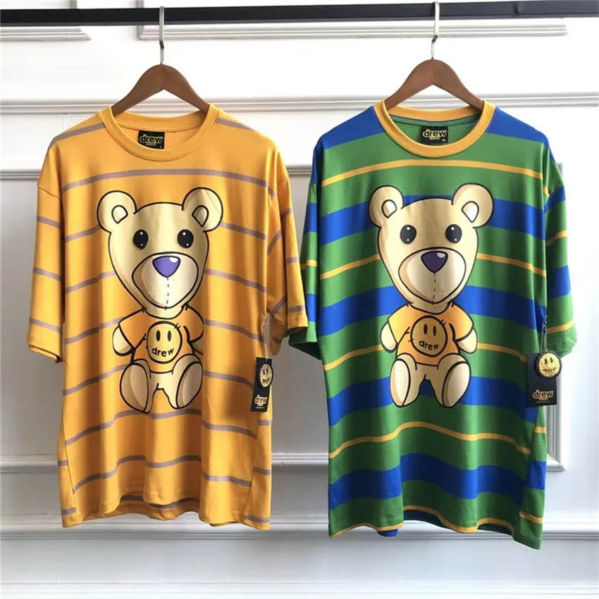

Summer Style The Drew House Drew Bear Printed Women Men Striped T shirts Oversized Men Hiphop Casual Streetwear Cotton T shirt