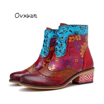 

OVXUAN Ankle Boots Women Shoes Genuine Leather Lace Floral stitching Wedge Brogue Prom Banquet Oxford Boots Ladies 2020 Autumn