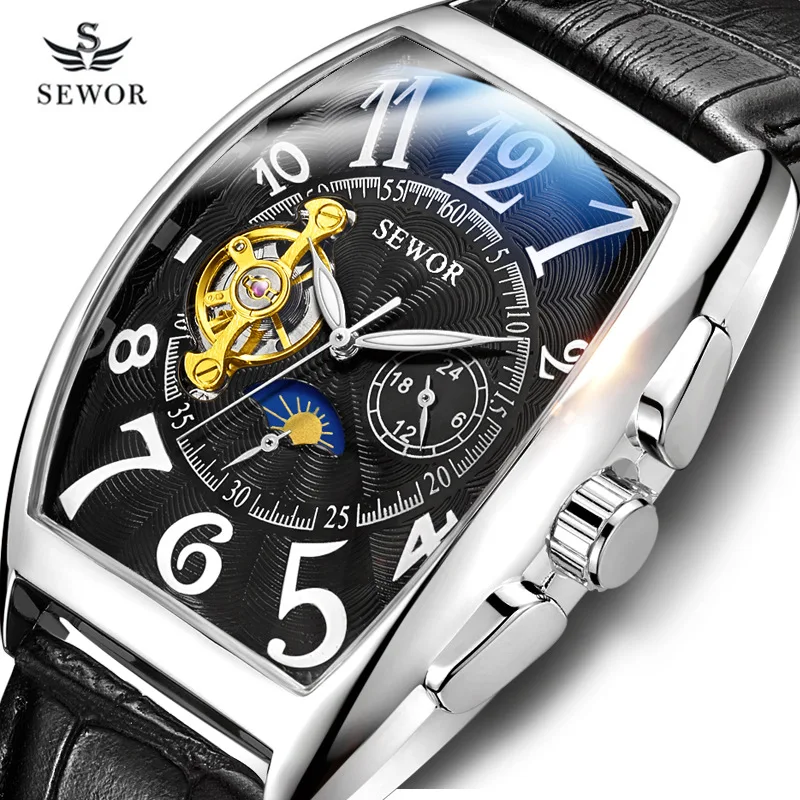 

Men Watch Business SEWOR Brand Automatic Mechanical Watch Mon phase Tourbillon Leather Strap Wristwatch for Mens Clock Relogio