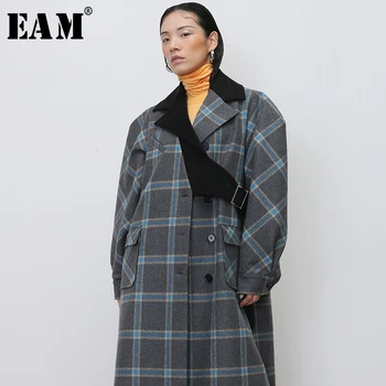 

[EAM] Loose Fit Gray Plaid Split Big Size Woolen Coat Parkas New Long Sleeve Women Fashion Tide Spring Autumn 2020 19A-a411