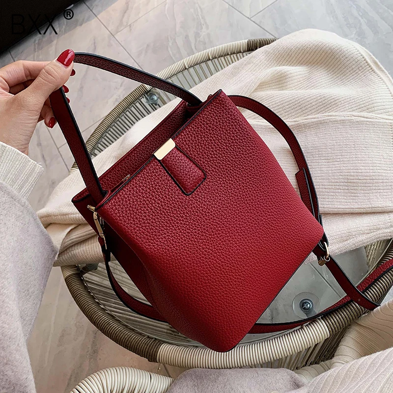 

[BXX] Solid Color PU Leather Bucket Bags For Women 2020 Simple Large Capacity Messenger Shoulder Bag Female Handbags HK112