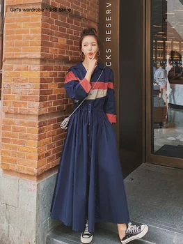 

French minority dress women's spring and autumn 2020 new Korean loose large size fat mm contrast color stitching shirt long