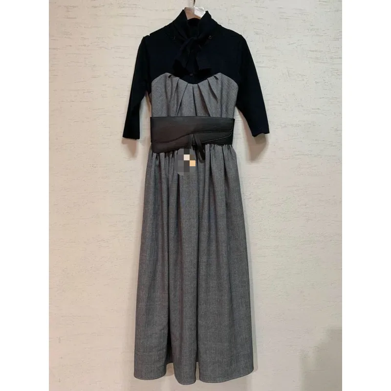 Женское длинное платье с бантом и воротником-шарфом, высокая талия, винтажное Макси платье для вечеринок, осень/зима/теплое/офисное/трикотажное/женское платье - Цвет: gray