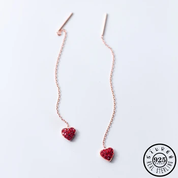 

925 Sterling Silver Red Cubic Zircon Heart Ear Threads Earings Gold Color Plated Ear Line Long Dangle Drop Earrings for Women