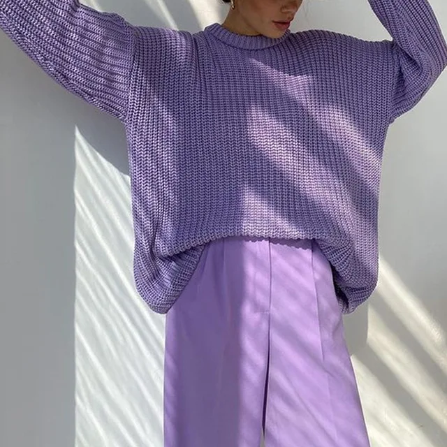Women Solid Knitted Thickening Oversized Sweater Female Round Neck Long Sleeve Casual Loose Pullovers Top 2021 Autumn Winter Purple