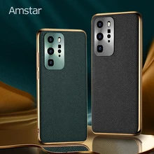 Amstar جراب هاتف خلوي فاخر من جلد البقر الخالص ، غلاف كامل بإطار مطلي بالذهب ، لهاتف Huawei P40 / P40 Pro / P40 Pro Plus