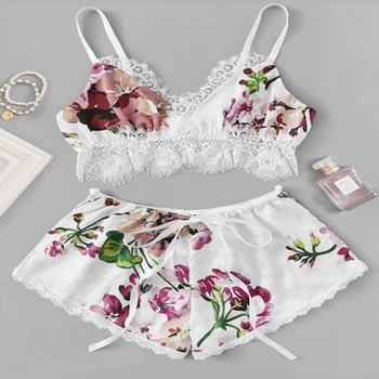

Women Sexy Lace Sleepwear Floral Pajama Set Backless Pijama Feminino Summer Nightwear