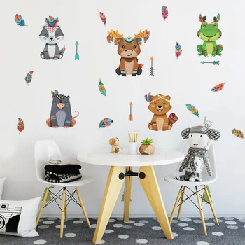 

Funny Cute Tribal Raccoon Deer Sloth Squirrel Wall Stickers For Baby Kids Room Decor Woodland Animals Decals Cartoon Home Mural