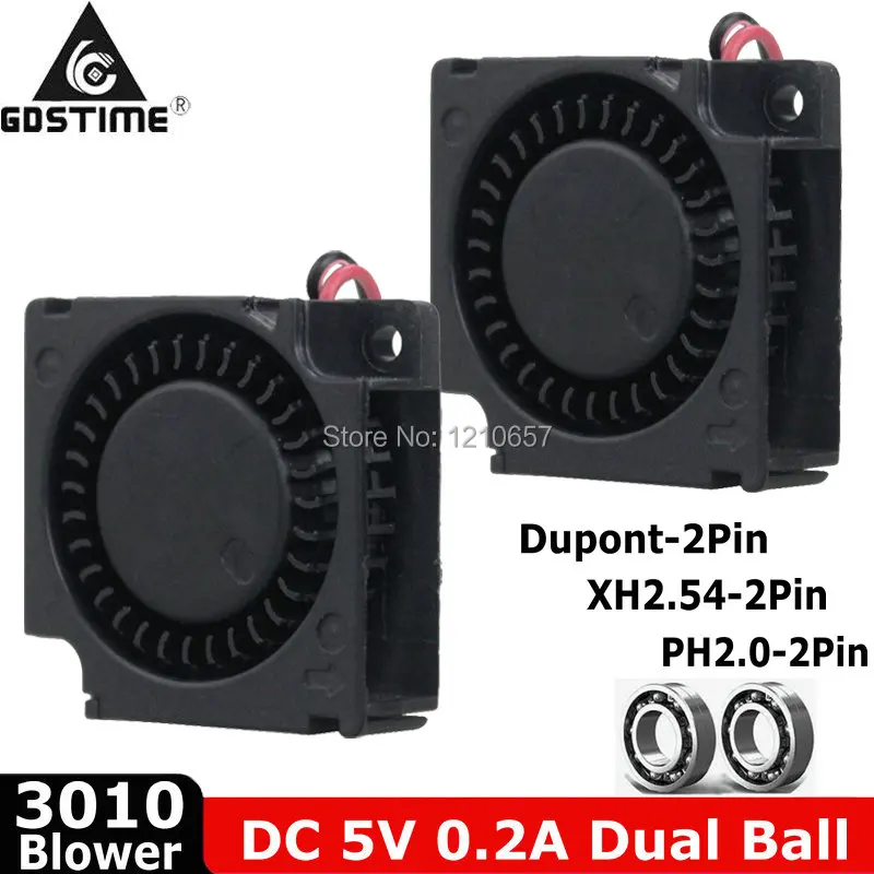 

2 PCS Gdstime 30MM Blower 5V Dupont 2Pin Dual Ball Bearing 3010 Mini DC Cooling Turbo Fan 30x30x10MM 3CM Cooler 3D Printer Parts