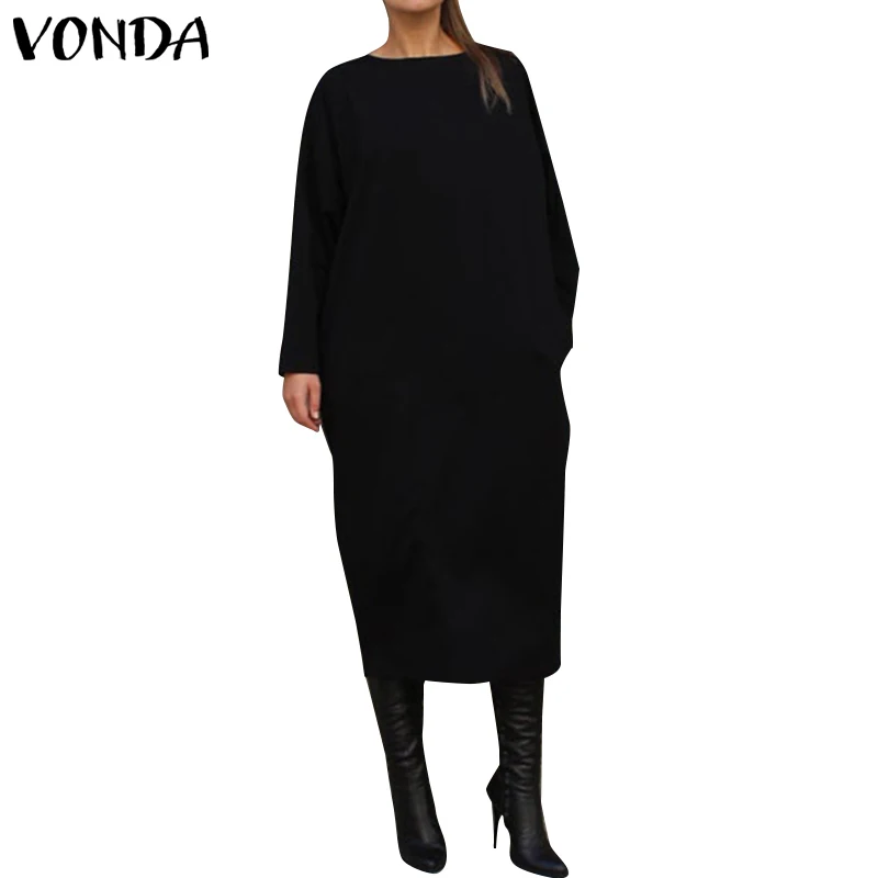 VONDA Women Autumn Dress Casual Loose Long Sleeve Mid-Calf Shirt Dress Plus Size Vestidos Swearshirts Female Pullover - Цвет: Черный