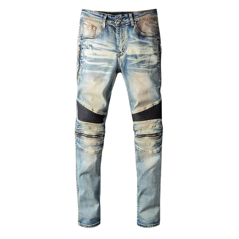 Italian Style New Men Jeans Blue Color Patchwork Casual Pants Slim Fit Brand Streetwear Stretch Biker 3