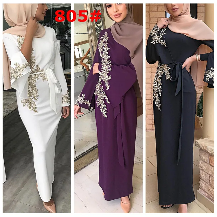 

Elegant Muslim Embroidery Abaya Beading Full Dress Cardigan Kimono Loose Long Robe Gowns Jubah Middle East Eid Ramadan Islamic