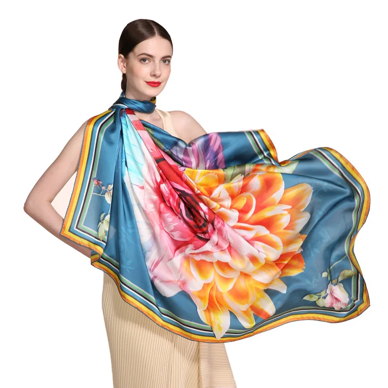 

2019 Spring And Summer Factory Currently Available Wholesale 100% Mulberry Silk Hand-Rolled Edge Spray Printing Scarf Women's Su