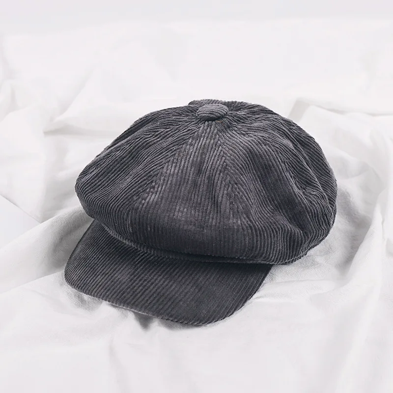 Вельветовая шляпа, художественная восьмиугольная шляпа, модная женская и Мужская винтажная шляпа, газетная осенняя и зимняя полосатая Кепка, ретро британский стиль, шапка NZ117 - Цвет: Серый