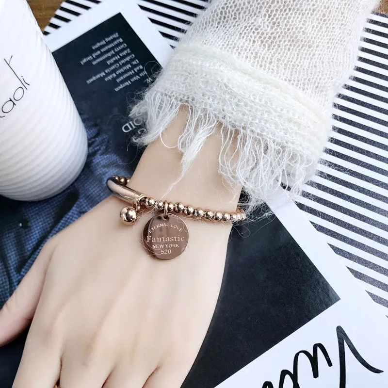 Titanium Steel High Quality Double Elastic Rope Beads Round Charm Bracelet For Women Gold Color Bracelet Jewelry Lover Gift