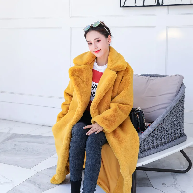 Зимнее женское высококачественное пальто из искусственного кроличьего меха, роскошное длинное меховое пальто, Свободное пальто с отворотом, толстое теплое женское плюшевое пальто больших размеров - Цвет: smooth liner yellow