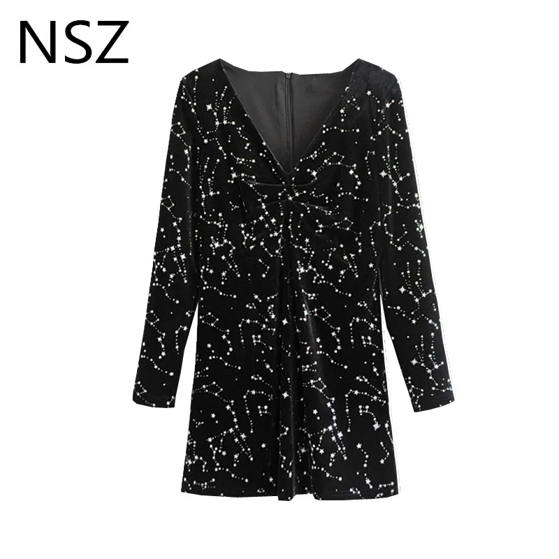 

NSZ Women Black Star Velvet Mini Party Dress Long Sleeve V Neck Bodycon Sexy Bandage Short Dresses Vestidos
