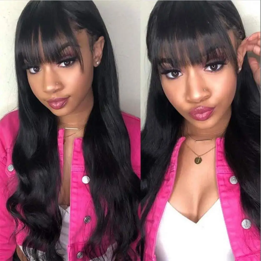 

Glueless Full Lace Human Hair Wigs Wavy Hair with Bangs Malaysian Remy Hair Full Fringe Lace Wigs for Black Women With Baby Hair