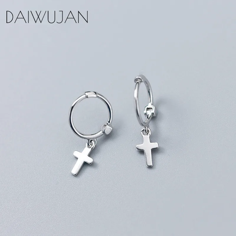 Серьги-кольца DAIWUJAN из настоящего минималистского серебра 925 пробы с крестом