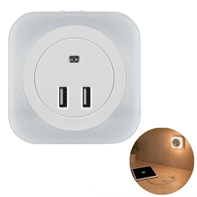 

Auto Light Sensor LED Night Lights with 2 USB Charging Socket Lamp Warm White Bedside Lighting Wall Plug Mobile Phone Charger