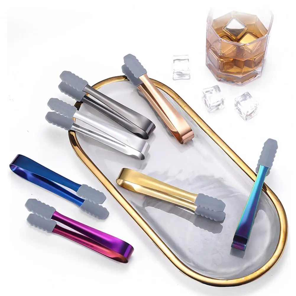 Stainless Steel Ice Cube Sugar Tongs Silicone Anti-slip Food Serving Clip Clamp