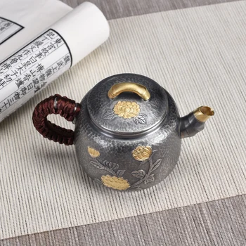 

Chrysanthemum silver teapot 999 sterling silver teapot single pot household tea ceremony silver tea set kung fu small teapot