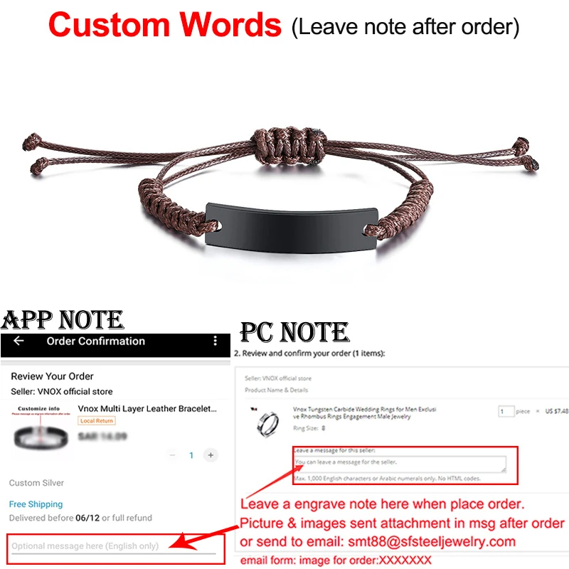 Vnox, повседневные мужские и женские, индивидуализированные, на заказ, гравировка ID, бирка, плетеная веревка, цепь, браслеты на запястье, регулируемая длина - Окраска металла: BR-472BZ Custom