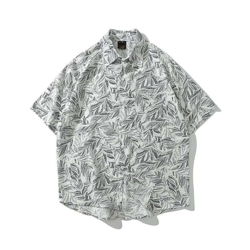 Men Shirt Short Sleeve Black White 2022 New Arrival Summer Loose Leaves Pocket Male Shirt Thin Student Korean Style S73