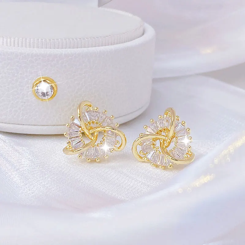 14k Real Gold Fashion Hollow Out Rhinestone Earrings Geometry Cross-wound Exquisite Bling AAA Zircon Accessories Jewelry stud earrings fashion earrings
