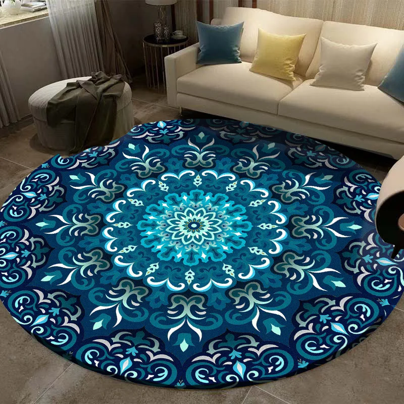 Carpet Coral Velvet Computer Chair Floor Mat Mandala Printed Round Carpet for Children Bedroom Play Tent Area Rug Round Blue