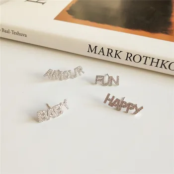 

RUIYI Real 925 Sterling Silver Girls Cute Word Zircon Stud Earrings Women Fashion Smile Free Baby Rock Happy Fun Words Earrings