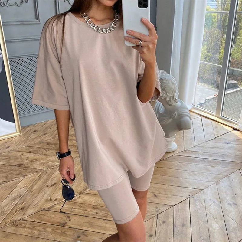 Conjunto De dos piezas De moda De manga corta para Mujer, chándal ajustado, conjunto De camisa y pantalones cortos De motorista, para trotar