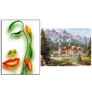 

2 set 5D Diy Diamond Painting Home Decor Full Round Diamond Embroidery - Girl and Flower & Mountain House Scenery