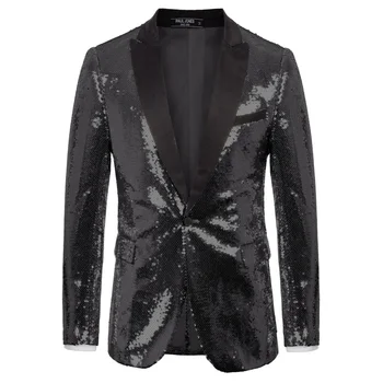 

black/silver Men blazer office work wear party Sparkling Sequins Banquet Blazer Coat Peak Lapel One-Button Stylish cool coat