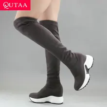 QUTAA г. Теплая меховая женская обувь на танкетке с круглым носком сапоги выше колена из эластичной ткани Повседневные высокие сапоги осень-зима размер 34-43