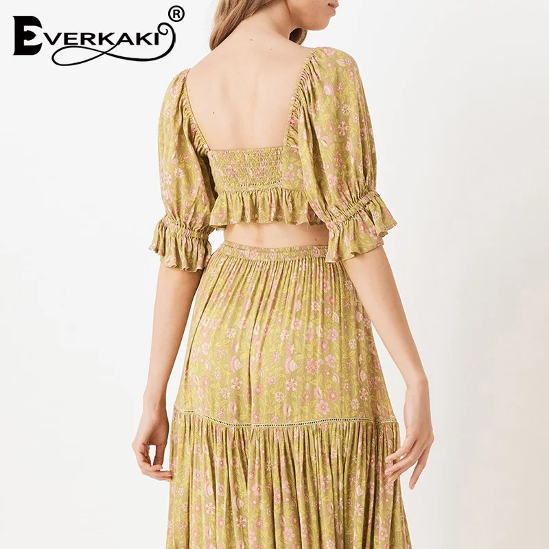 Everkaki Boho печати лук короткая блузка Топы женские спинки Короткие рукава с оборками эластичный Топ Блузки женские Лето Осень новинка