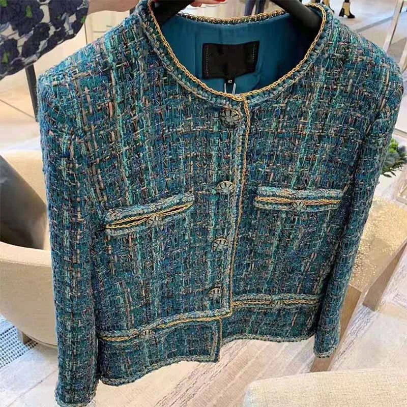amazing  Cosmicchic Women Autumn Elegant Tweed Jacket Luxury Wool Tweed Short Coat OL Ladies Blue Pocket Jac