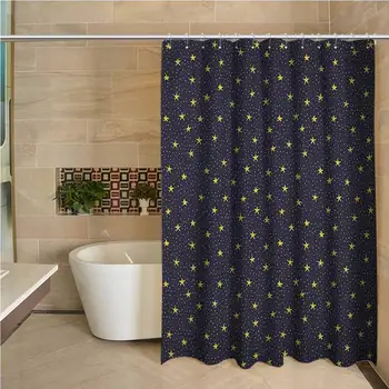 

Night Sky Waterproof and Colorful Shower Curtain Hand Drawn Style Yellow Stars and White Dots Celestial Midnight Print Polyester